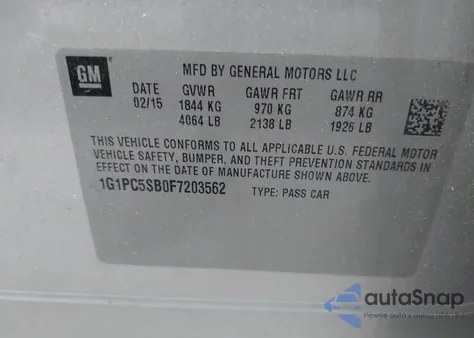 2015 Chevrolet Cruze 1Lt Auto from USA, damaged, VIN 1G1PC5SB0F7203562